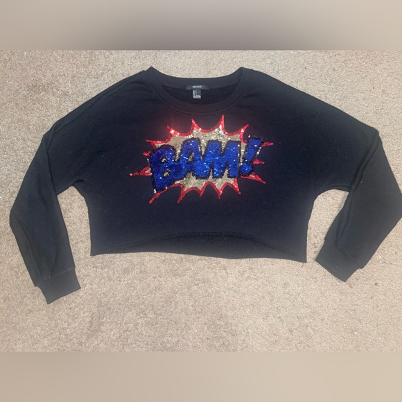 Forever21 Sequin Sparkle “BAM” Comic Style Pop Cropped Long Sleeve Crew Neck - Picture 7 of 11